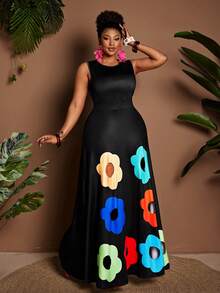 Maweii Spring And Summer Round-Neck Sleeveless Cartoon Multicolor Printed Lace-Up A-Line Black Body-Enhancing Dress. Knitted Elastic Fabric For Vacation And Casual Wear. Simple And Fashionable Design With A Unique, Small-Batch Style. Essential New Arrival For Daily Wear. Plus-Size Long Dress For Women Curve Long Dress - Black - View 2