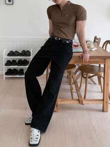 DAZY 男士字母刺绣插肩袖修身T恤，夏季款 - 棕色 - 查看 4