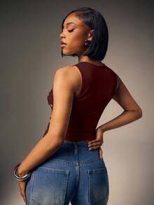 Denimoi Studded Round Neck Fashionable Sleeveless Top - Burgundy - View 5