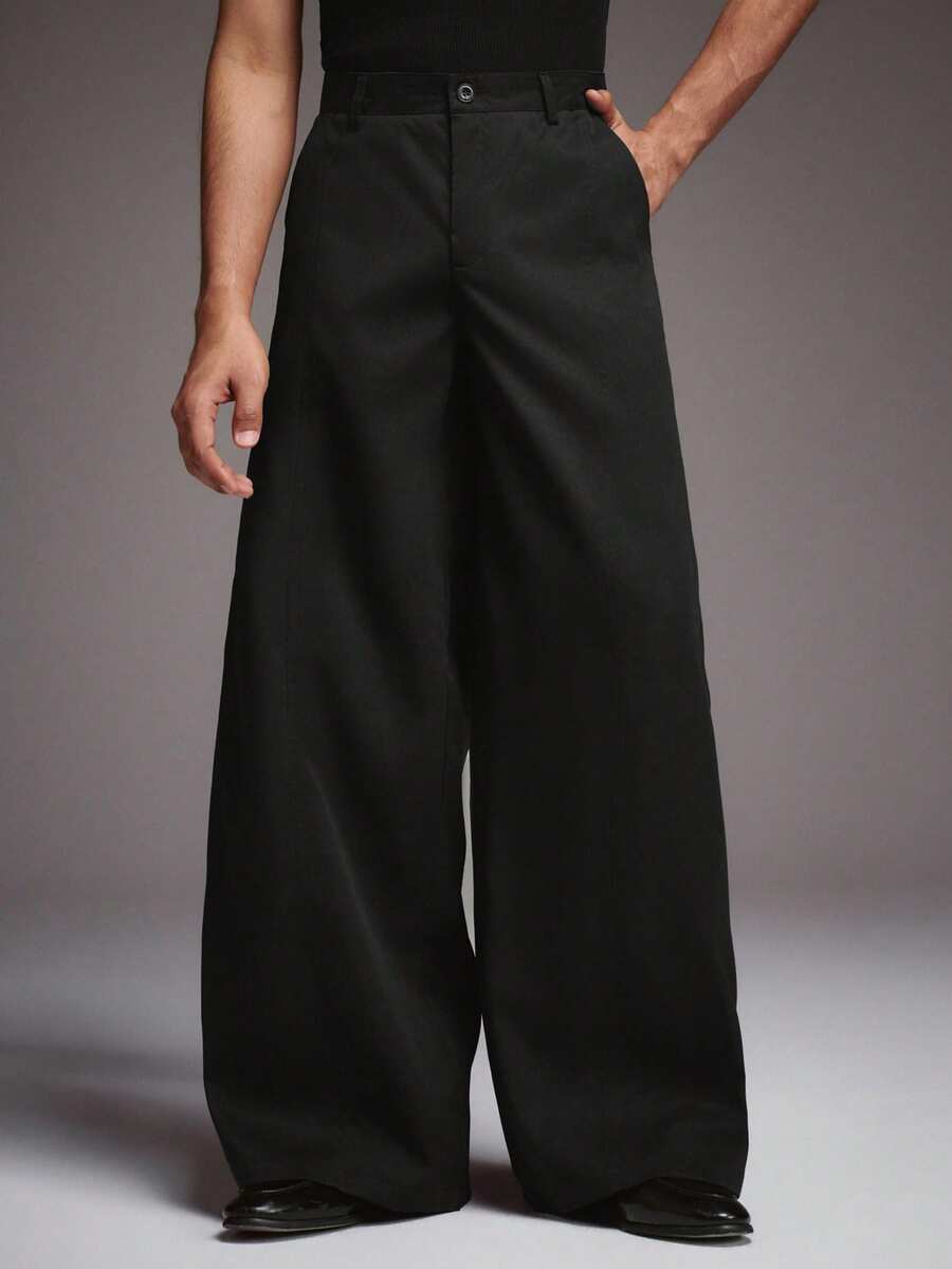 STYNVO 男士纯色斜插口袋阔腿休闲裤 - 黑色 - 查看 1