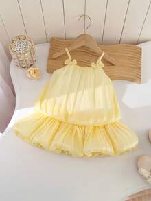 SHEIN Gaun Tanpa Lengan Motif Bunga Warna Kuning Pucat Lucu untuk Bayi Perempuan Musim Panas, Gaun Pesta Elegan Mengembang dengan Pita dan Hem Berumbai untuk Liburan - Kuning - View 3