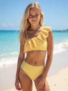 Conjunto de bikini casual de verano con rayas y volantes para adolescentes - Amarillo - Ver 1