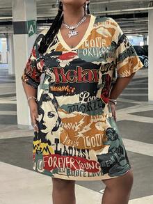 SHEIN CURVE+ 大码女式V领短袖宽松休闲针织迷你连衣裙，Y2K风格街头风，复古海报图案，返校季，运动季 - 彩色 - 查看 6