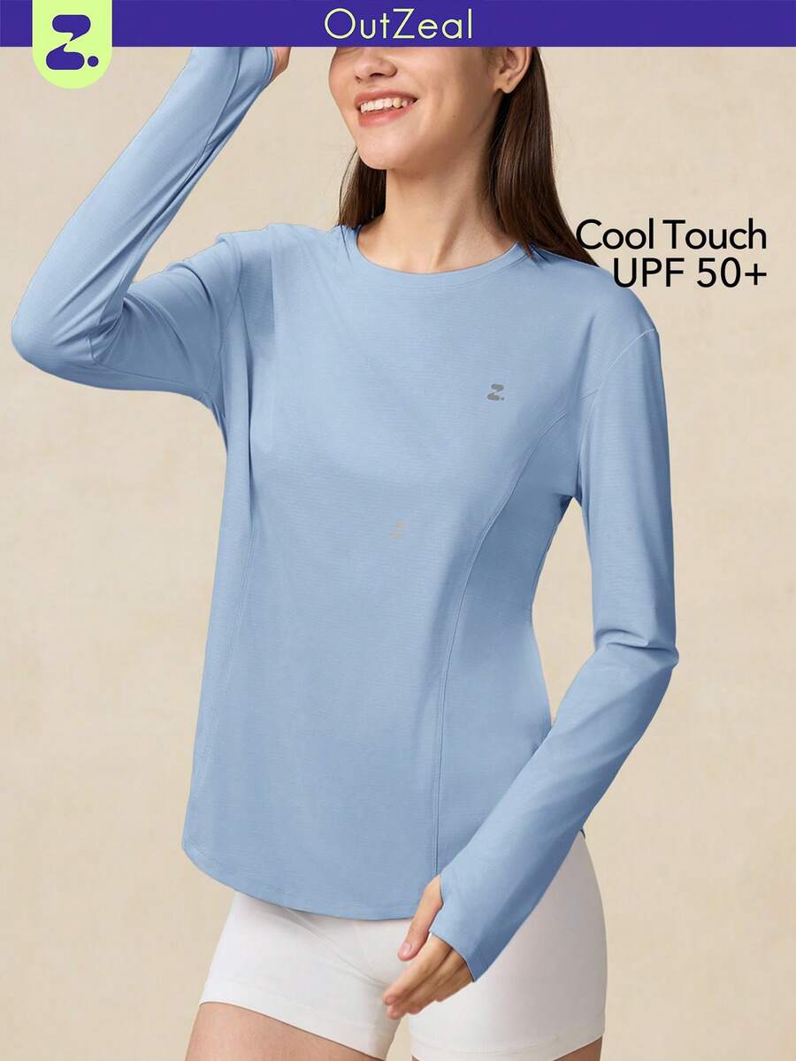 OutZeal Women Outdoor Blue Tee Solid Color Hiking Gym Workout UV Protection Cool Touch With Pocket Long Sleeve T-Shirt Summer Spring - Blue - View 1