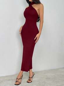 SHEIN PETITE Solid Halter Neck Backless Bodycon Dress Long Bodycon Dress Long Sexy Dress - Burgundy - View 5