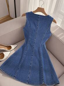 GlowEve Đầm denim nữ cổ chữ V không tay, cài cúc kim loại, thắt eo, thích hợp cho kỳ nghỉ hoặc đi làm. - Màu xanh lam - Xem 2