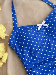 SHEIN Áo tắm liền thân cổ yếm họa tiết chấm bi và bướm dành cho thiếu nữ, thích hợp cho kỳ nghỉ hè ở bãi biển. - Xanh và trắng - Xem 6