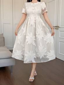 DAZY 女士优雅印花圆领花瓣袖中长连衣裙，夏季 - 杏色 - 查看 6