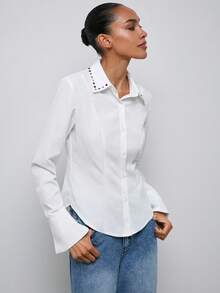 Maija Women's Fashion Elegant White Button Up Shirt,Autumn Office Business Casual Colorful Rhinestone Decor Collar Long Sleeve Curved Hem Shirt For Women - White - View 8