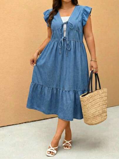  Elaquor Plus Size Denim Dress For Women,Summer Outfits For Women,Holiday Outfits For Women,Summer Dress,Comfortable Denim,Bow-Tie Strap Design,Everyday Elegance