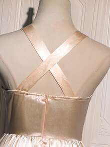 Teen Girl Solid Color Pleated Elegant Party Dress - Champagne - View 7