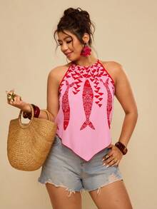 Travachic Plus Size Women Boho Summer Holiday Style Fish Print Halter Top - Red - View 7
