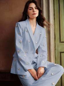 Elegante blazer minimalista y lujoso de mujer de alta gama, con adornos en la cintura, apropiado para vestidos de noche y ocasiones festivas - Celeste - Ver 6