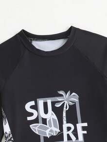 男童长袖树叶印花泳裤沙滩度假防晒泳衣套装 - 黑色 - 查看 4