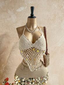 Soleia 女士不对称下摆亮片钩编吊带上衣，适合夏季度假 - 杏色 - 查看 7