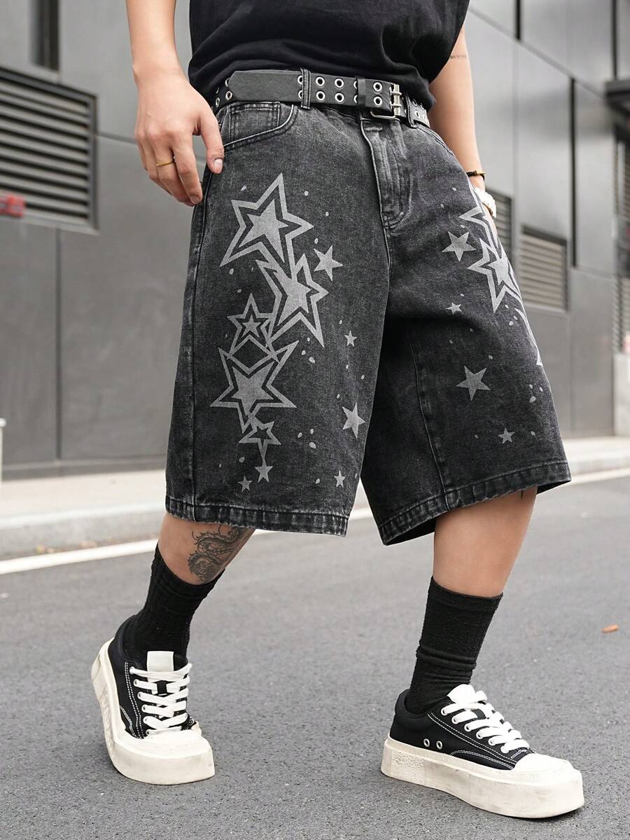 Manfinity EMRG Men's Casual Street Style Printed Black Denim Shorts - Black - View 1