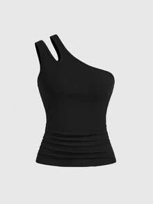 ROMWE Avant Women's Y2K All-Match Versatile One Shoulder Design Hollow Out Ruched Textured Ribbed Fabric Camisole - Black - View 1