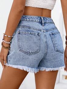 Breezaya 女士简约日常雪花牛仔短裤 - 藍色 - 查看 2