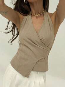 Aloruh 卡其色极简通勤卡其色春夏新款露背吊带金属扣可调节腰身女士西装外套 - 卡其色 - 查看 1