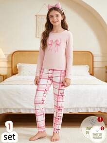 SHEIN Tween Girl Bow Print Long Sleeve Top And Plaid Leggings Pajama Set  Snug Fit Bow Pjs - Multicolor - View 5