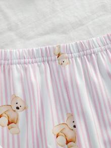 Bộ đồ ngủ cho bé gái, gồm áo in hình gấu dễ thương và quần in hình gấu kẻ sọc, thiết kế viền tương phản, tay ngắn và quần dài thanh lịch, bộ đồ ngủ 2 món. - trắng - Xem 4