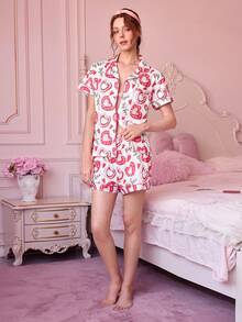 Bonmuse 两件套情人节爱心蝴蝶结休闲女士睡衣套装，包括翻领纽扣短袖上衣和松紧腰短裤，优雅女士家居服。 - 粉色 - 查看 8
