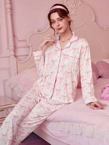 Bonmuse Bộ đồ ngủ in nơ thanh lịch 2 món, bao gồm áo dài tay thoải mái có cổ và quần cạp chun rộng rãi, thích hợp làm đồ ngủ, mặc đi chơi, dự tiệc, mặc được mọi mùa, mặc mùa đông - Hồng - Xem 10