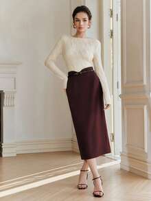 Anewsta Women's Elegant High Waist Bodycon Skirt, Minimalist Chic Office Wear - Coffee Brown - View 6