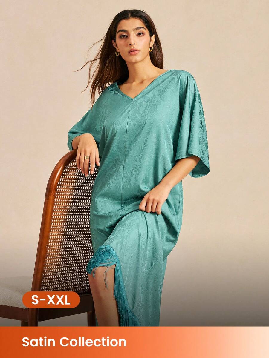 LUVLETTE Women's Breathable Teal Satin Sleep Dress Loose-Fit Midi Dress With Fringe Trim Lightweight Nightwear Gown Pyjama - Green - View 1