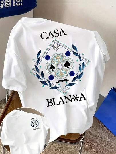 Glimmora Men's Round Neck Letter & Leaf Print Casual Versatile Daily Wear Short Sleeve T-Shirt