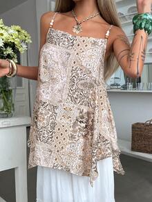 Livesso 女士夏季休闲波西米亚度假风拼接印花宽松串珠吊带衫 - 杏色 - 查看 3