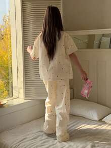 DAZY Conjunto de ropa de estar para niña preadolescente con estampado de corazones y ribete de contraste, otoño - Albaricoque - Ver 4