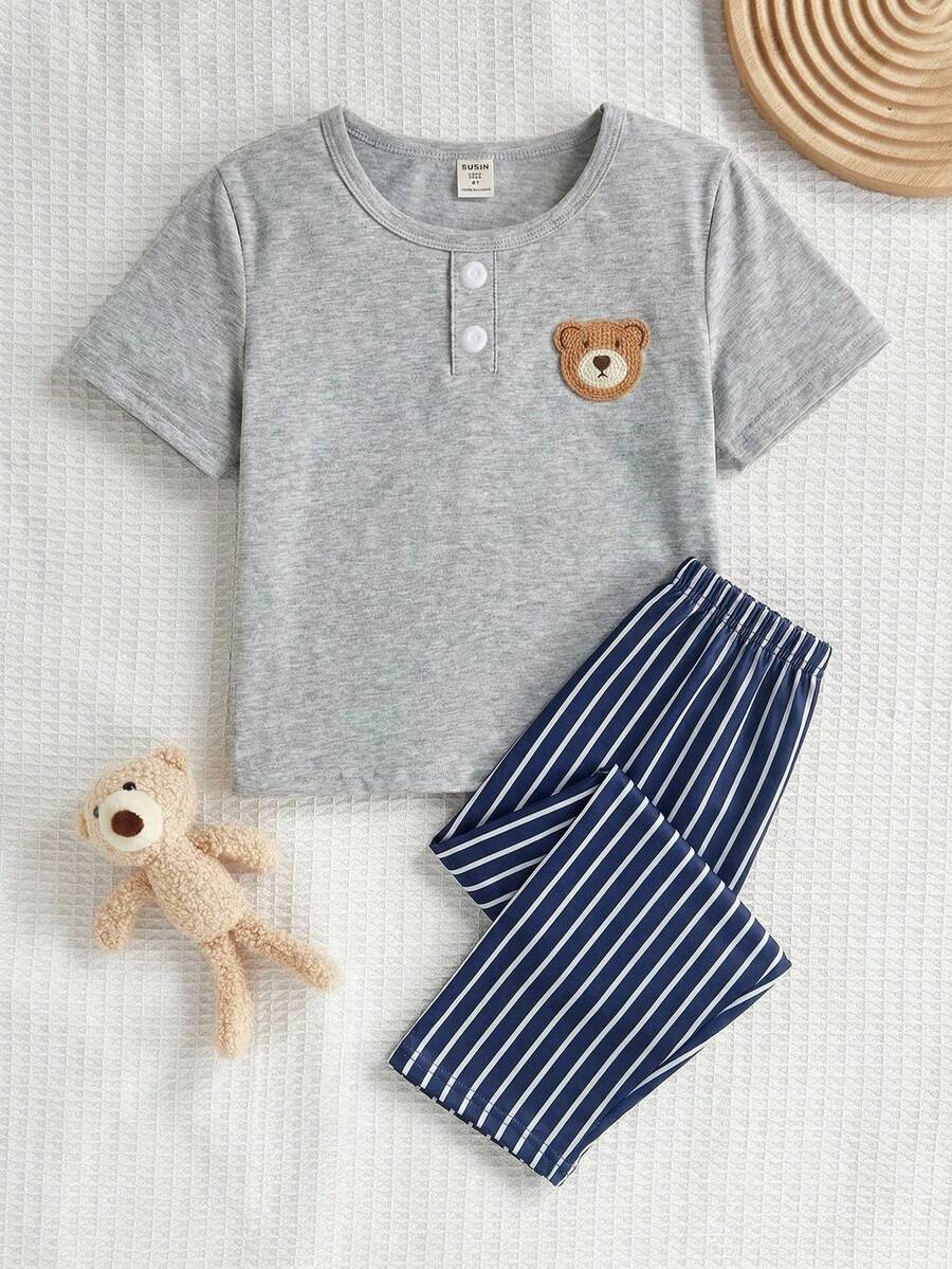 Young BoyCute Bear Pattern Embroidered Collar Open Front Loungewear Set - Multicolor - View 1