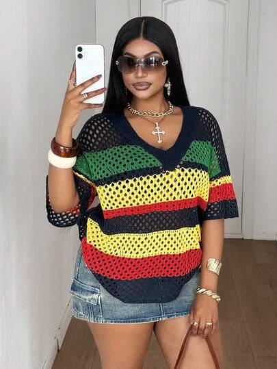 Maweii Suéter holgado de mujer con cuello en V, mangas cortas raglán, estampado de rayas de colores y bloques de color, de estilo vintage y elegante para vacaciones y playa, tallas grandes, primavera/verano