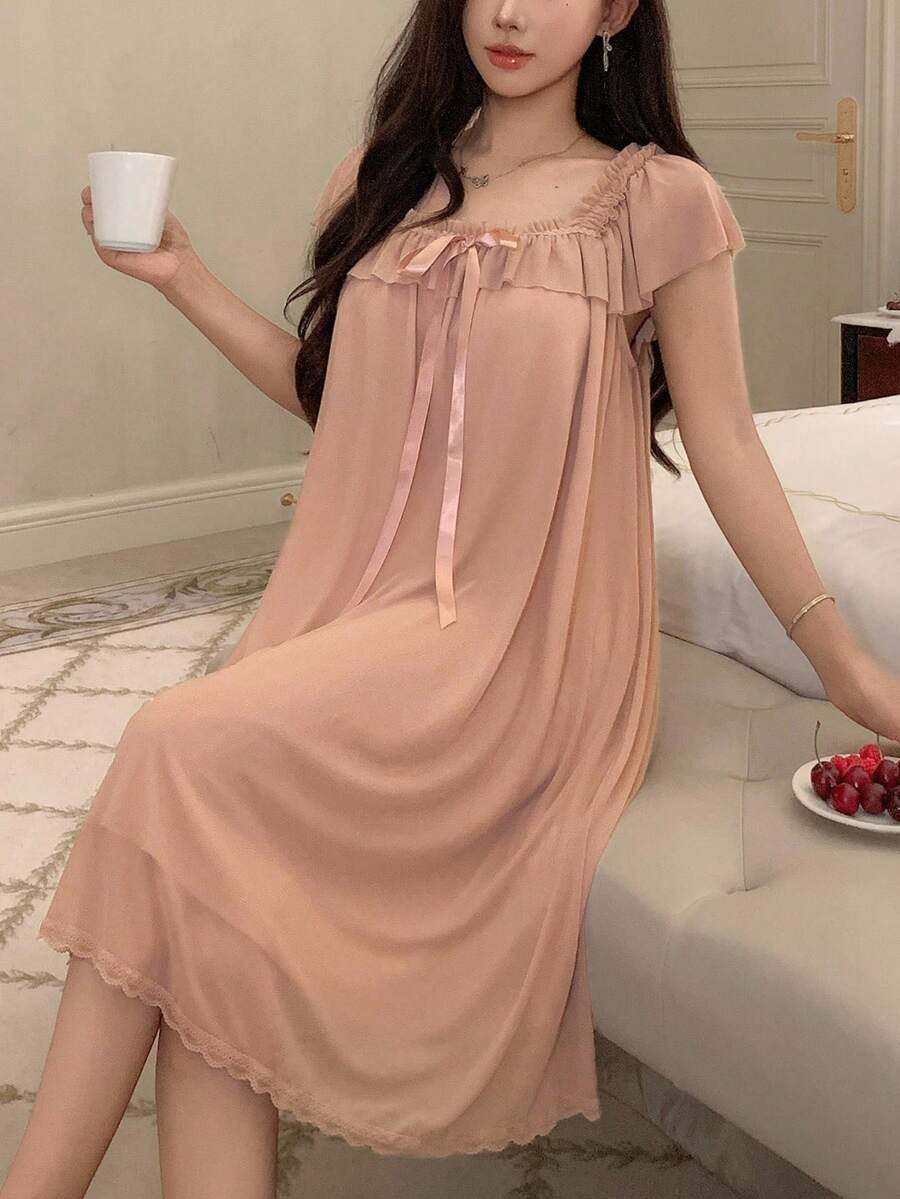 DAZY 輕盈荷葉邊網紗洋裝,甜美夏季女款睡衣睡袍 - 粉色 - 查看 1