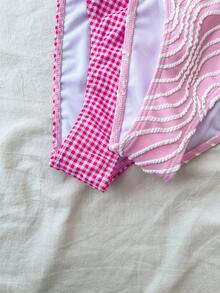 2件套少女比基尼套装，夏季海滩度假格子蝴蝶结泳衣套装+纯色纹理泳衣套装 - 彩色 - 查看 6