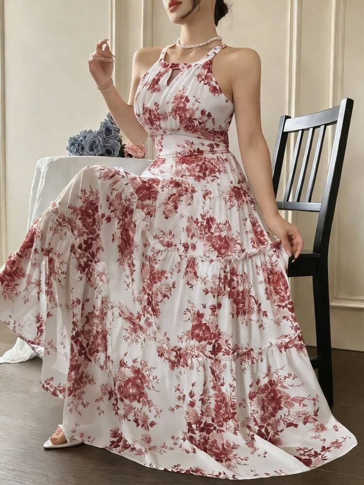 Elegant Sleeveless Round Neck Frill Trim Midi Dress For Women, Summer Boho