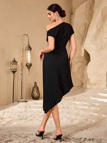 Modelyn Women's Elegant Vintage Asymmetric Shoulder Asymmetric Shoulder Ruched Pleated Bodycon Asymmetrical Hem Midi Dress - Black - View 2
