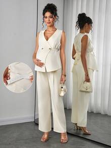 Momance 2件套孕妇夏季通勤双排扣背心和裤子套装 - 杏色 - 查看 1