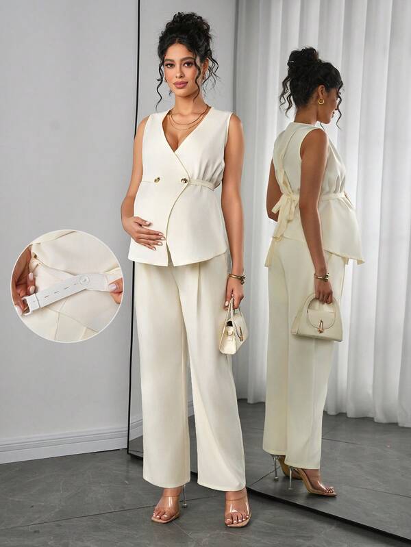 Momance Conjunto de chaleco y pantalones de maternidad de doble botonadura para uso diario en verano, 2 piezas