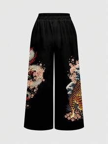 ROMWE Avant Music Festival Dark Punk Tiger & Dragon Sakura Print Wide Leg Pants For Women - Black - View 2