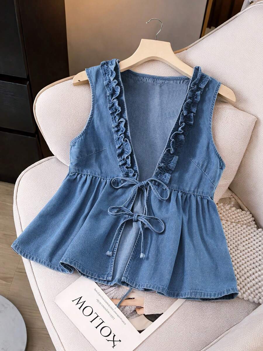 GlowEve Women's Patchwork Frill Trim Front Tie Sleeveless Denim Blouse - Blue - View 1