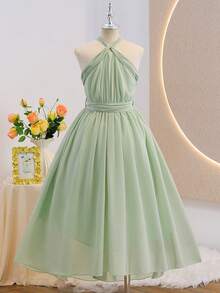 Tween Girl Luxurious Elegant Green Sleeveless Chiffon Fitted Dress, Suitable For Evening Party, Christmas, Halloween, Wedding, Prom, Vacation, Graduation Season And Other Occasions - Mint Green - View 3