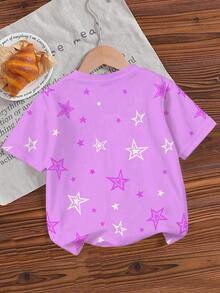 1pc Young Girl Cute Girl Group Purple Floral Heart Allover Print Loose Fit Graphic Tee,Summer School Streetwear Valentine's Day Gift For Girls,Tops - Purple - View 2