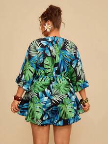 Travachic Mono de mujer talla grande con estampado de plantas tropicales, volantes y mangas acampanadas, informal para vacaciones - Verde - Ver 2
