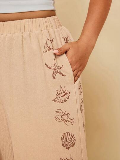 Travachic 100% Cotton Plus Size Women Starfish Print Vintage Wide Leg Casual Pants For Beach Holiday Boho Pants For Women Vacation Pants Set Beach Print Pants