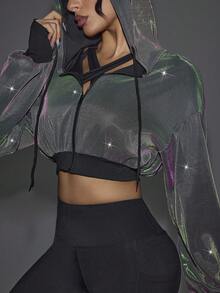 Innovista Reflective Hooded Zip-Up Cropped Long Sleeve Sports Jacket - Lavender/Yellow - View 7