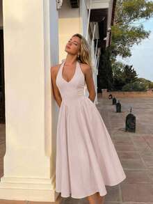 SHEIN MOD Women's Elegant Solid Color Backless Halter Dress, Summer - Baby Pink - View 8