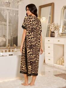 SHEIN Leopard Print Contrast Lace V-Neck Short Sleeve Elegant Ladies Nightgown - Multicolor - View 2
