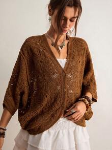 Freevana 波西米亚复古钩针镂空针织开衫，棕色V领七分袖，宽松休闲春季外套，优雅春季叠穿单品 - 棕色 - 查看 5